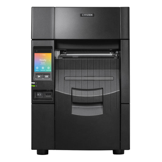 Citizen CL-S703IIIR industrial label printer, black Hi-Open metal case, colour touch LCD, label peeler with internal liner rewinder, 300 dpi, thermal transfer (CLS703IIIRNEXXX) – front view with peeler and rewinder unit