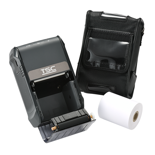 TSC Alpha-2R 2-inch linerless mobile receipt printer, Bluetooth, black (99-062A007-00LF) – open with paper roll and case
