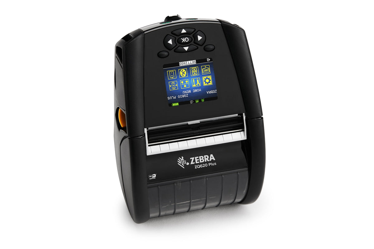 Zebra ZQ620 Plus mobile receipt and label printer, black, Wi-Fi 6 + Bluetooth, extended battery (ZQ62-AUXAEC4-00) – front 3/4 view