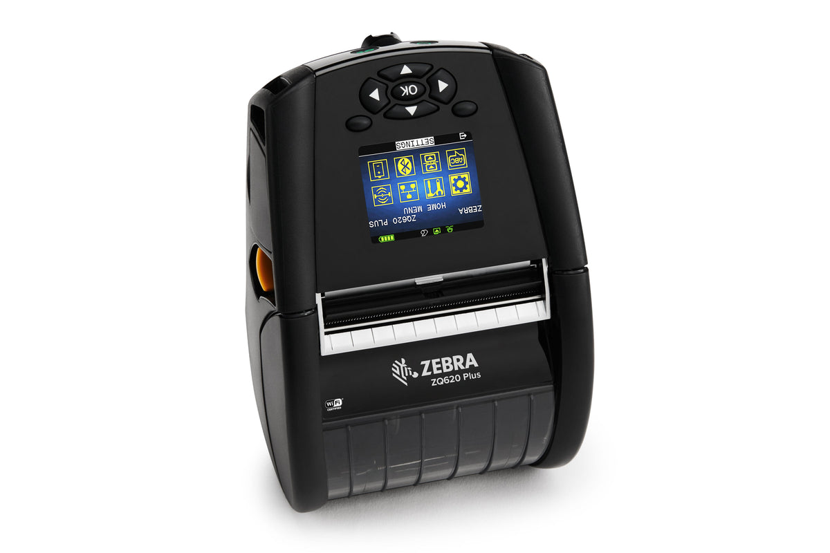 Zebra ZQ620 Plus mobile receipt and label printer, black, Wi-Fi 6 + Bluetooth, extended battery (ZQ62-AUXAEC4-00) – front view