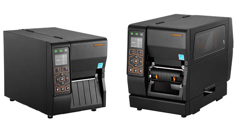 BIXOLON XT3-40 industrial label printer, 2.4-inch colour LCD, peeler and internal rewinder, 203 dpi, thermal transfer (XT3-409) – shown next to the standard model (right: peeler and rewinder version)