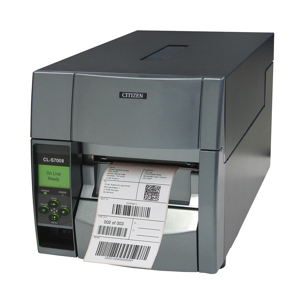 Citizen CL-S700IIDT industrial label printer, black Hi-Open metal case, LCD panel, tear bar, 203 dpi, direct thermal (CLS700IIDTNEXXX) – front angled view with label output