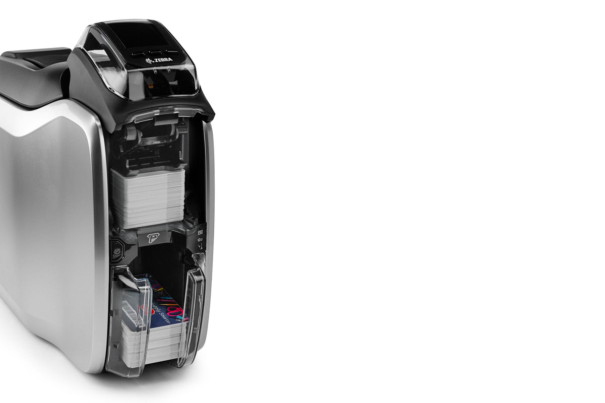 Zebra ZC300 plastic card printer, dual-sided (ZC32-000C000EM00) – open card hopper with cards