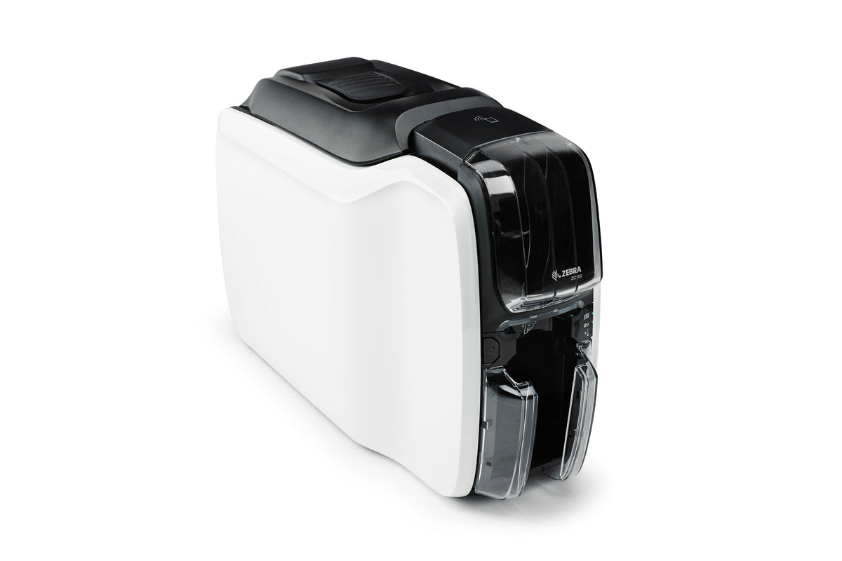 Zebra ZC100 plastic card printer, single-sided (ZC11-0000000EM00) – angled front view