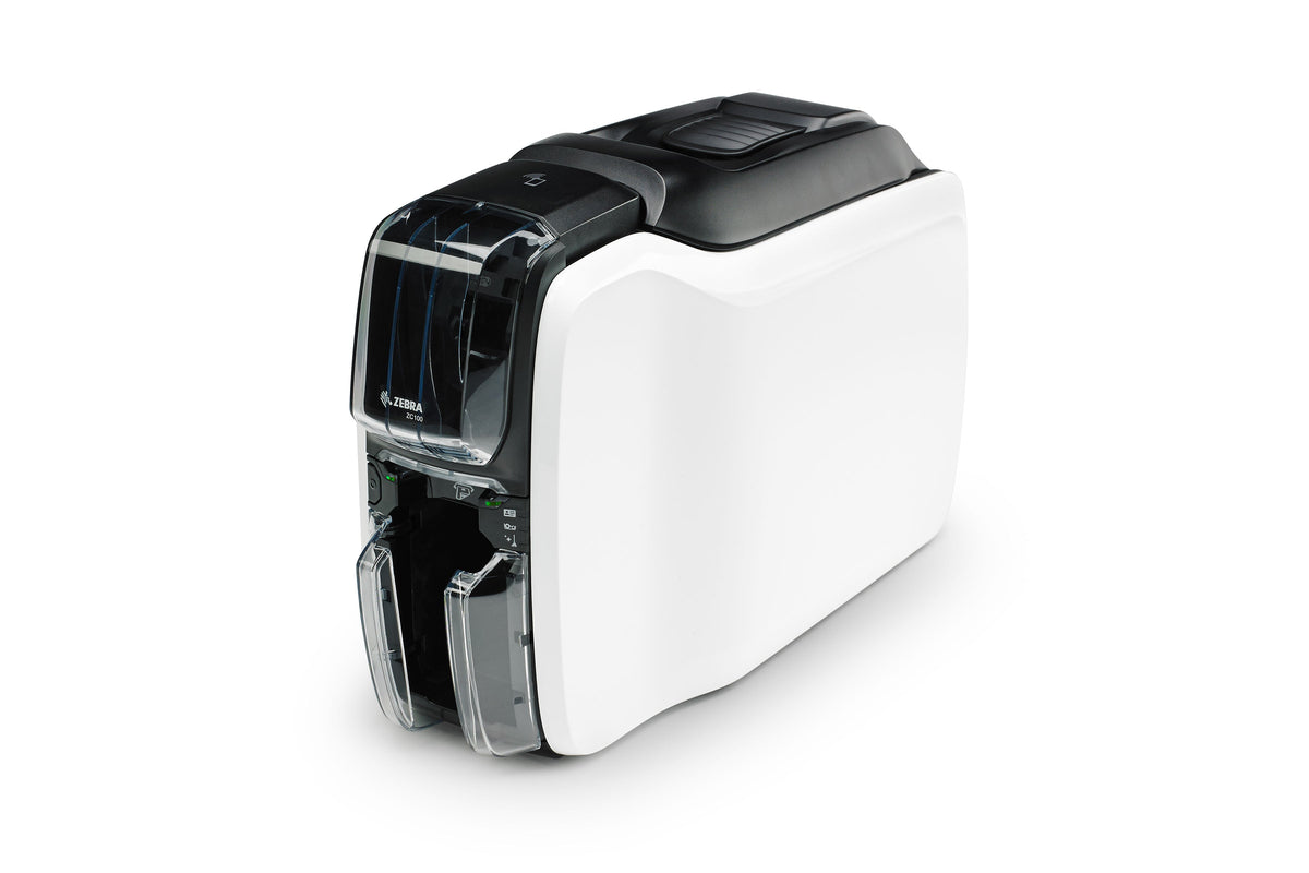 Zebra ZC100 plastic card printer, single-sided (ZC11-0000000EM00) – left angled view