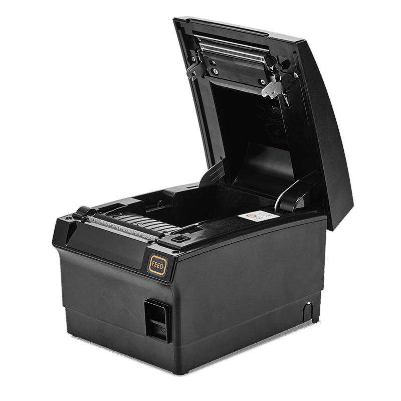 Bixolon SRP-F312II kitchen-proof thermal POS receipt printer, 203 dpi, serial, black (SRP-F312IICOSK) – cover open for drop-in paper loading