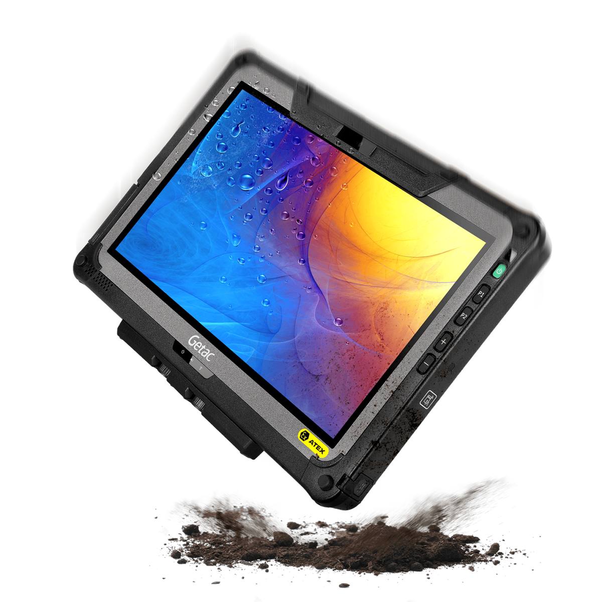 Getac F110 G7-EX ATEX/IECEx Zone 2/22 rugged 11.6-inch tablet (FTBQ64TI1DXX) – angled front view
