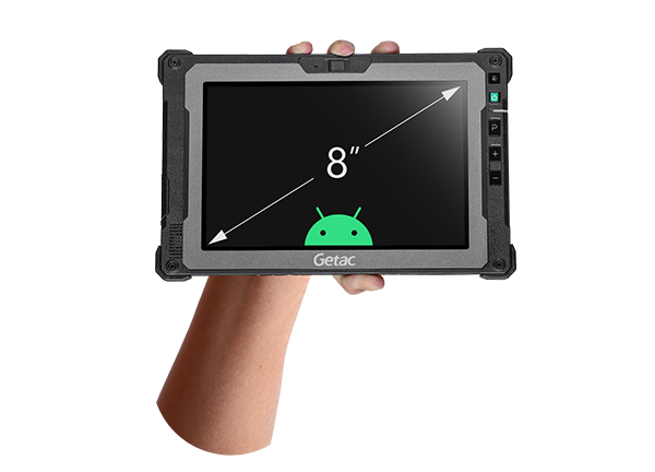 Getac ZX80 8" rugged Android tablet, 2D barcode imager (Z8A7LHGX1EXX) – held in hand