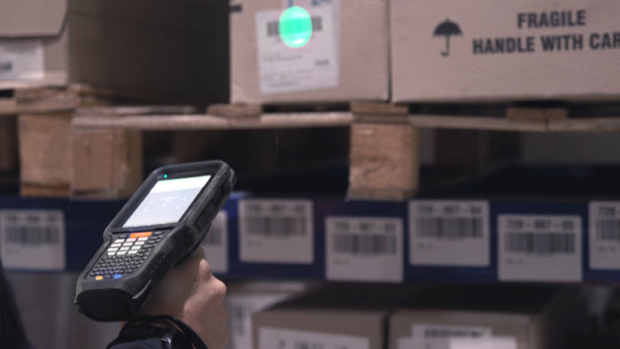 Datalogic Skorpio X5 rugged Android mobile computer, handheld, 28-key numeric keypad, 2D imager (standard range) (943500013) – in use in warehouse